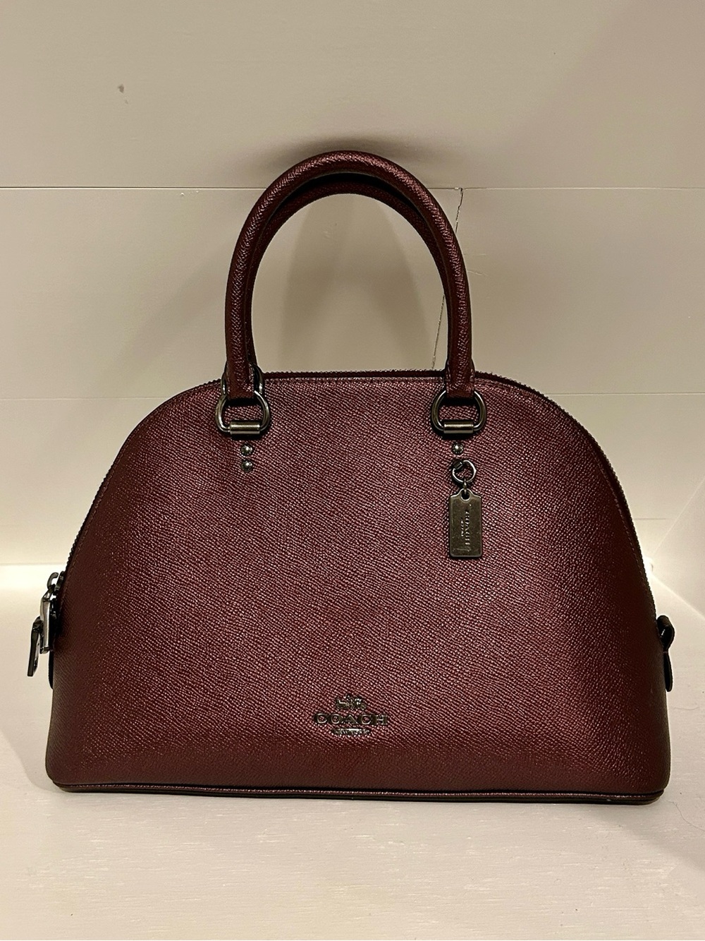 Coach Dome Satchel Handbag w/ Crossbody Strap in Metallic Burgundy